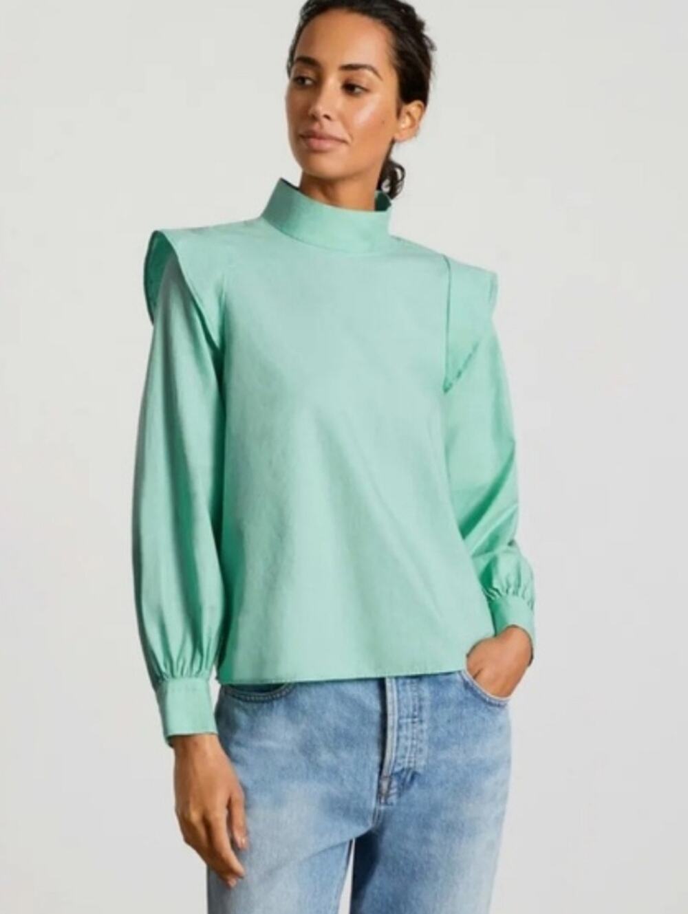Everlane Wing Shoulder Mockneck Top Mint Jade Green Ruffled NWT 4 Blouse